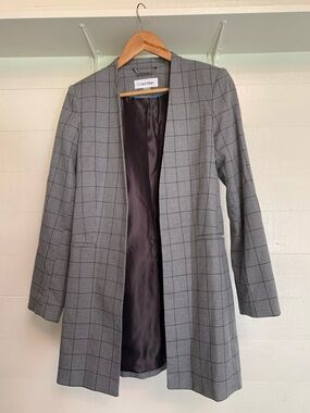 Calvin Klein Light Gray Windowpane Open-Front Blazer